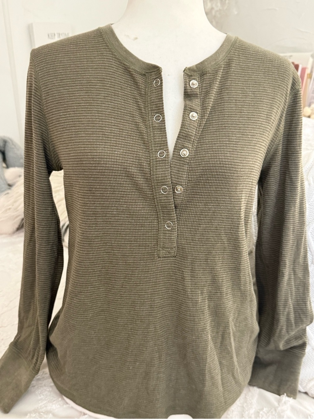 J. Crew Olive Ribbed Henley Long-Sleeve Top